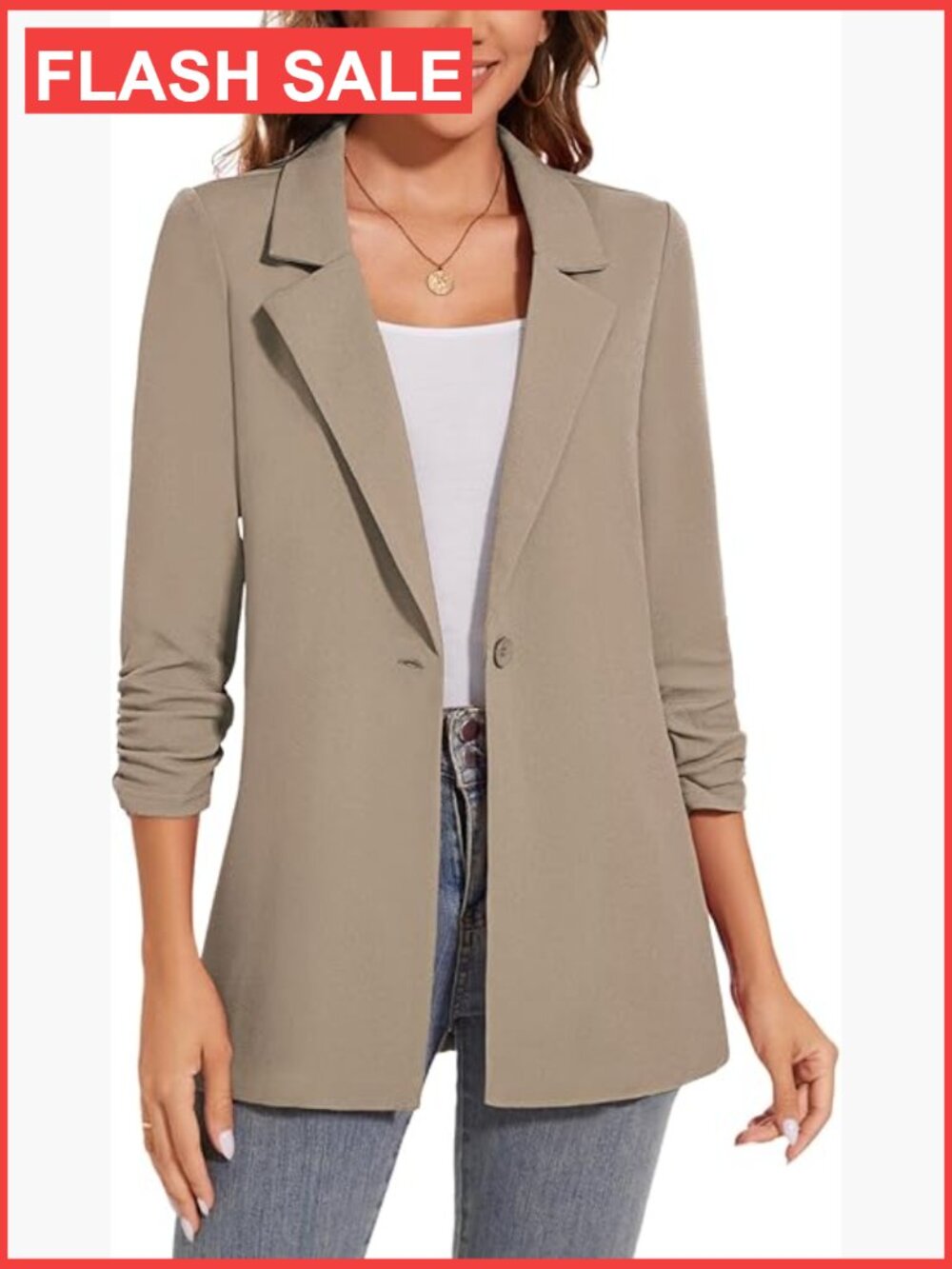 3/4 Sleeve Ruched Blazer Open Front Lightweight Slim Notch Lapel Work Office